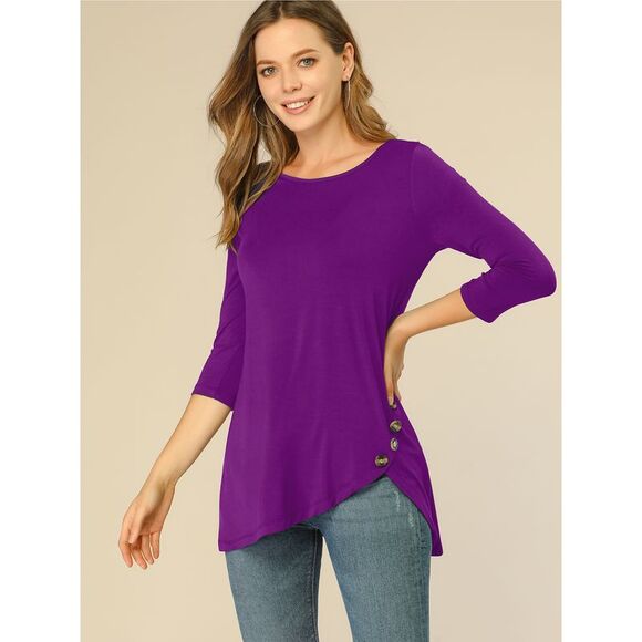 3/4 Sleeve Round Neck Button Decor Stretchy Tunic Tops Purple - Picture 3 of 6